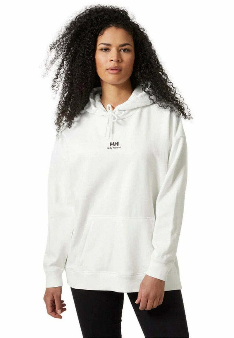 Witte hoodie met trekkoordkap, voorkeurszak en zwart logo "Helly Hansen". Gemaakt van zachte stof met een relaxte pasvorm en lange mouwen.