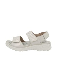 Light metallic sandals with two adjustable Velcro straps and cushioned insoles. Features a white rubber sole and slight heel.