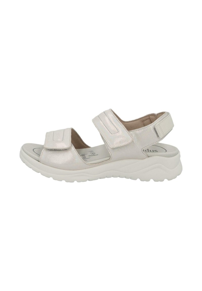Light metallic sandals with two adjustable Velcro straps and cushioned insoles. Features a white rubber sole and slight heel.