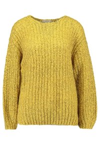 Keltainen neulottu rento villapaita, jossa on resorikaulus ja pitkät, runsaat hihat. Rakenteellinen kangas tuo syvyyttä ja visuaalista kiinnostavuutta.