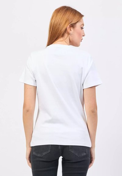 T-shirt bianco a maniche corte con scollatura rotonda, texture liscia e vestibilità standard. Vista da dietro, senza motivi o dettagli visibili.