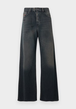 Vidbenede jeans i mørk vaskede denim med en diskret falmet tekstur, der har en knapgylp og baglommer med syningsdetaljer.