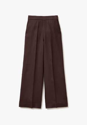 Dunkelbraune, weit geschnittene Hose mit hohem Bund, seitlichen Taschen und glattem, strukturiertem Stoff.