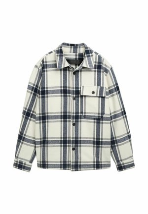 Camicia di flanella a quadri nei colori crema, blu marino e grigio. Presenta un colletto appuntito, chiusura con bottoni e una tasca sul petto. Tessuto testurizzato.