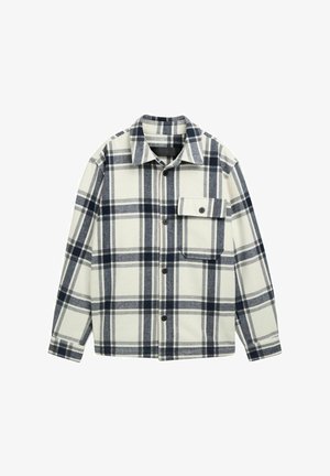 Koszula flanelowa w kratę w kolorze kremowym, granatowym i szarym. Posiada kołnierz z ostrymi końcami, zapięcie na guziki oraz jedną kieszeń na piersi. Teksturowana tkanina.