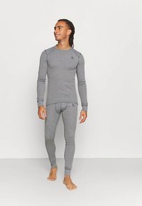 Gray thermal set featuring a long-sleeve top and fitted leggings, made from a soft, stretchy material with a smooth texture and no visible patterns.