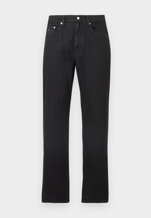 Black denim jeans with a straight-leg design, featuring five pockets, belt loops, and a front button closure. Smooth texture, minimal fading.