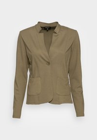 Olive green blazer made from stretchy fabric. Features a notched collar, single button closure, and two front pockets. Smooth texture.
