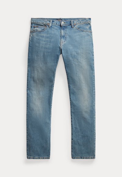 Lyseblå denimjeans med rett snitt, glidelås med knapper, fem lommer, subtil falming og stikningsdetaljer.