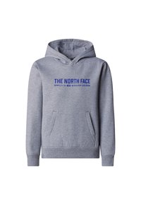 Sweat à capuche gris avec poche avant, logo "THE NORTH FACE" et texte "BERKELEY, CA 1966 NEVER STOP EXPLORING" en lettres bleues.