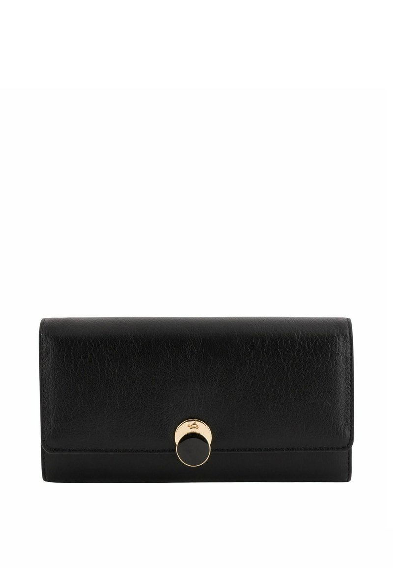 Czarny skórzany portfel o gładkiej fakturze, z elementem ozdobnym w kolorze złotym i okrągłym czarnym zapięciem na guzik.