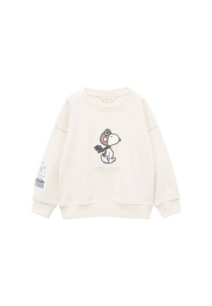 Felpa color crema realizzata in tessuto morbido, con una grafica di Snoopy con occhiali da aviatore e il testo "GOOD MOOD." Polsini e orlo a costine.
