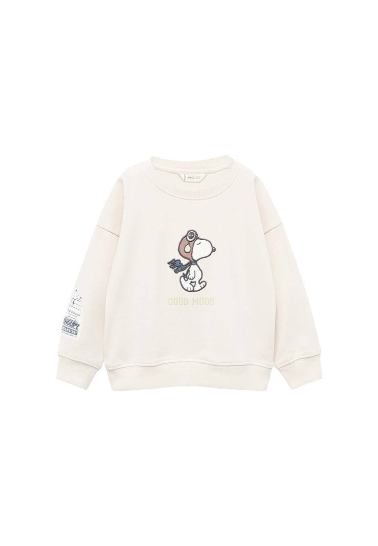 Crème-kleurige sweatshirt gemaakt van zachte stof, met een Snoopy-afbeelding met pilotenbril en de tekst "GOOD MOOD." Ribgebreide manchetten en zoom.