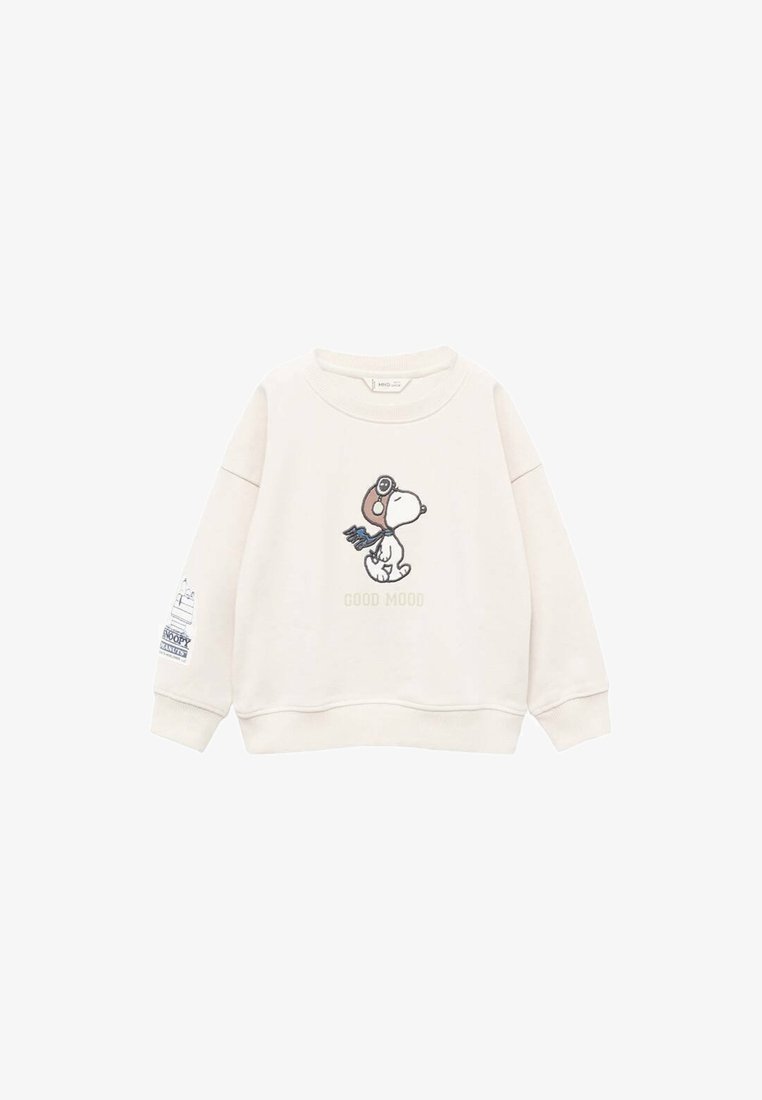 Crème-kleurige sweatshirt gemaakt van zachte stof, met een Snoopy-afbeelding met pilotenbril en de tekst "GOOD MOOD." Ribgebreide manchetten en zoom.