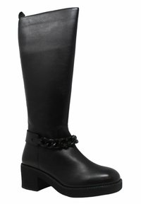 Stivale in pelle nera al ginocchio con tacco chunky, caratterizzato da una catena decorativa intorno alla caviglia e una finitura liscia.