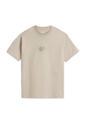 Beige cotton t-shirt with a crew neckline and short sleeves. Features a small, textured Vans logo patch on the front.
