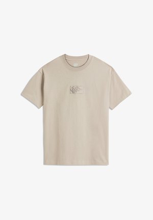 Beige cotton t-shirt with a crew neckline and short sleeves. Features a small, textured Vans logo patch on the front.