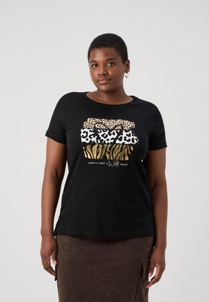 Black short-sleeve t-shirt made of cotton, featuring a multi-animal print design in gold and beige with the text “Always Keep a Wild Heart.”