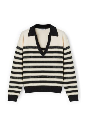 Langärmliger Strickpullover mit schwarzen und cremefarbenen horizontalen Streifen, tiefem V-Ausschnitt sowie schwarzem Kragen, Bündchen und Saum.