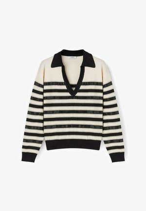 Pulover tricotat cu mânecă lungă, cu dungi orizontale negre și crem, decolteu adânc în V și guler, manșete și tiv negre.