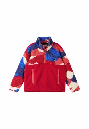 Fleece-Pullover mit roten, blauen und weißen abstrakten Mustern, Druckknopfverschluss und zwei Vordertaschen mit rotem Besatz.