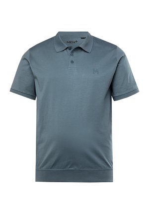 Polo a maniche corte in tessuto blu uniforme. Presenta un colletto, una placca con due bottoni e un logo discreto sul petto.