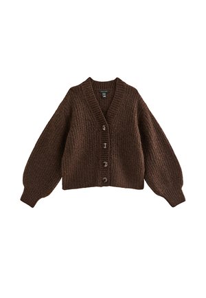 Brown knitted cardigan with a V-neck, five large buttons, and puffed long sleeves. The texture is ribbed with a soft, chunky appearance.