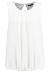 Blusa bianca senza maniche con scollatura rotonda, dettaglio con piega centrale e apertura a occhio di chiave sul retro. Tessuto liscio con orlo arricciato.