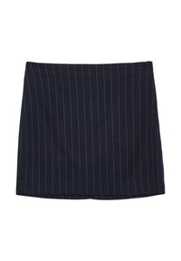 Jupe bleu marine avec des rayures blanches verticales, faite d'un tissu doux, avec une coupe ajustée et un ourlet droit.