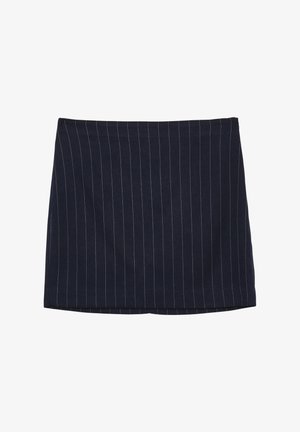 Jupe bleu marine avec des rayures blanches verticales, faite d'un tissu doux, avec une coupe ajustée et un ourlet droit.