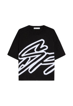 Maglietta nera a maniche corte con grande grafica astratta bianca sul davanti, scollo tondo e vestibilità ampia.