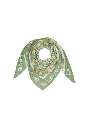 Green patterned scarf featuring a combination of hearts and abstract shapes, with the word "Love" integrated into the design.