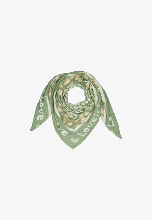 Green patterned scarf featuring a combination of hearts and abstract shapes, with the word "Love" integrated into the design.