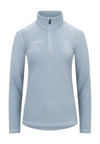 Ljusblå fleece-pullover med halvmeterdragkedja, hög krage, långa ärmar och mjuk textur. Har en logotyp på bröstet.