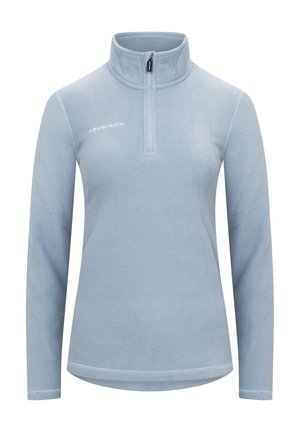 Pullover in pile blu chiaro con mezza cerniera, colletto alto, maniche lunghe e una consistenza morbida. Presenta un logo nella zona del petto.