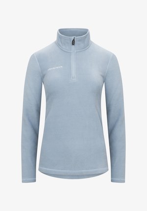 Himmelblauer Fleece-Pullover mit halbem Reißverschluss, hohem Kragen, langen Ärmeln und weichem Textil. Verfügt über ein Logo auf der Brust.