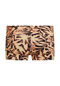 Shorts de bain noirs avec un motif de feuille de couleur pêche vibrante, fabriqués en matériau extensible, durable et à texture lisse.