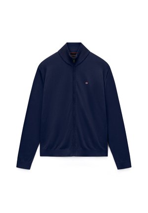 Maglione blu navy con zip, colletto e polsini a coste, con piccolo emblema della bandiera norvegese sul petto sinistro.