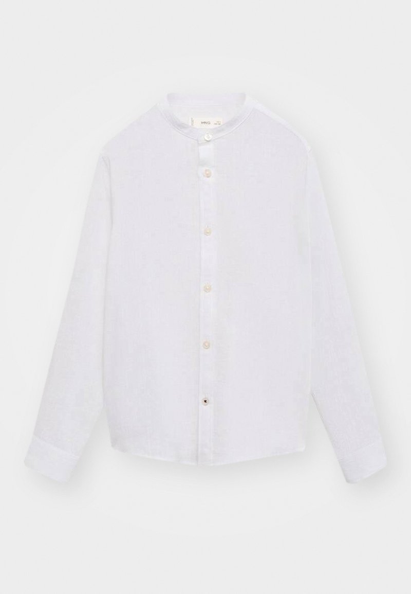 Bela srajca z dolgimi rokavi, izdelana iz lahkega materiala, z okroglim ovratnikom, sprednjim zapiranjem na gumbe in rokavi, ki jih lahko z zavihkom scvneš.