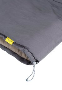 Grijze slaapzak met een gladde buitenkant en een lichtbruine binnenkant, met een trekkoordsluiting en een gele label dat aangeeft dat het om een limited edition gaat.