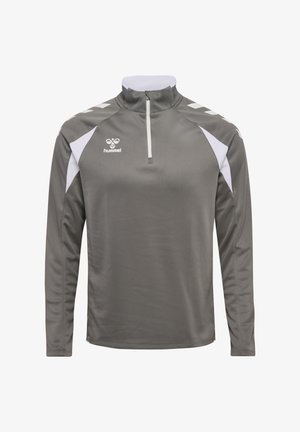 Gray long-sleeve sports pullover with white zipper, shoulder accents, and hummel logo on the left chest.