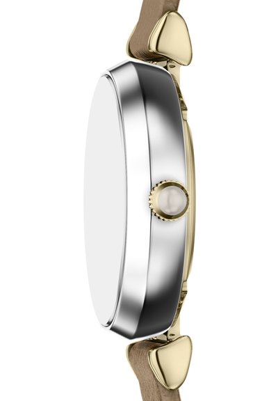 Silver stainless steel watch case with a smooth surface, gold accents, and a round crown. Brown leather strap complements the design.