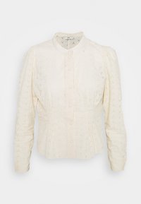 Cremfarbene Bluse mit langen Ärmeln und Mandarin-Kragen, die mit Stickereien und kleinen ausgeschnittenen Blumenmustern verziert ist, Knopfverschluss und gerafften Ärmeln hat.