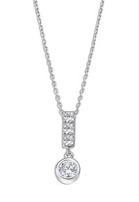 Collier en argent avec un pendentif rectangulaire orné de quatre pierres transparentes, avec une pierre ronde suspendue au bas.