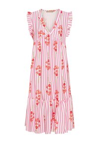 Blommig klänning med V-ringning och korta volangärmar, med rosa och vita vertikala ränder och orange blommor överallt.