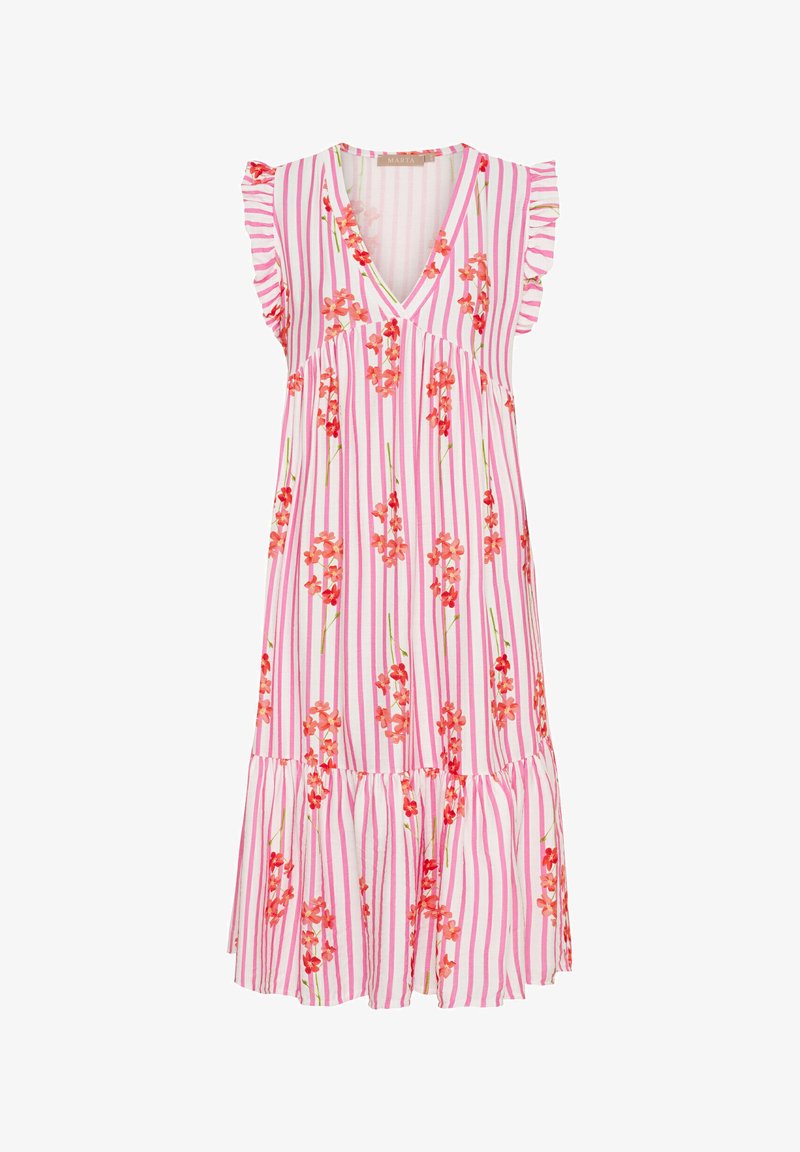 Blommig klänning med V-ringning och korta volangärmar, med rosa och vita vertikala ränder och orange blommor överallt.