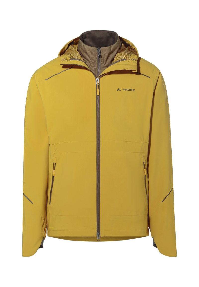 Veste imperméable jaune avec une doublure intérieure marron, fermeture éclair à l'avant, deux poches latérales et accents réfléchissants. Conçu pour une utilisation en extérieur.