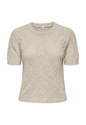 Short-sleeve, cream knit sweater with diamond pattern and textured finish. Round neckline and fitted cuffs. Lightweight, breathable fabric.