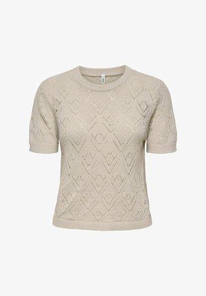 Rövid ujjú, krém színű kötött pulóver gyémántmintával és strukturált felülettel. Kerek nyakkivágás és szűkített mandzsetta. Könnyű, lélegző anyag.