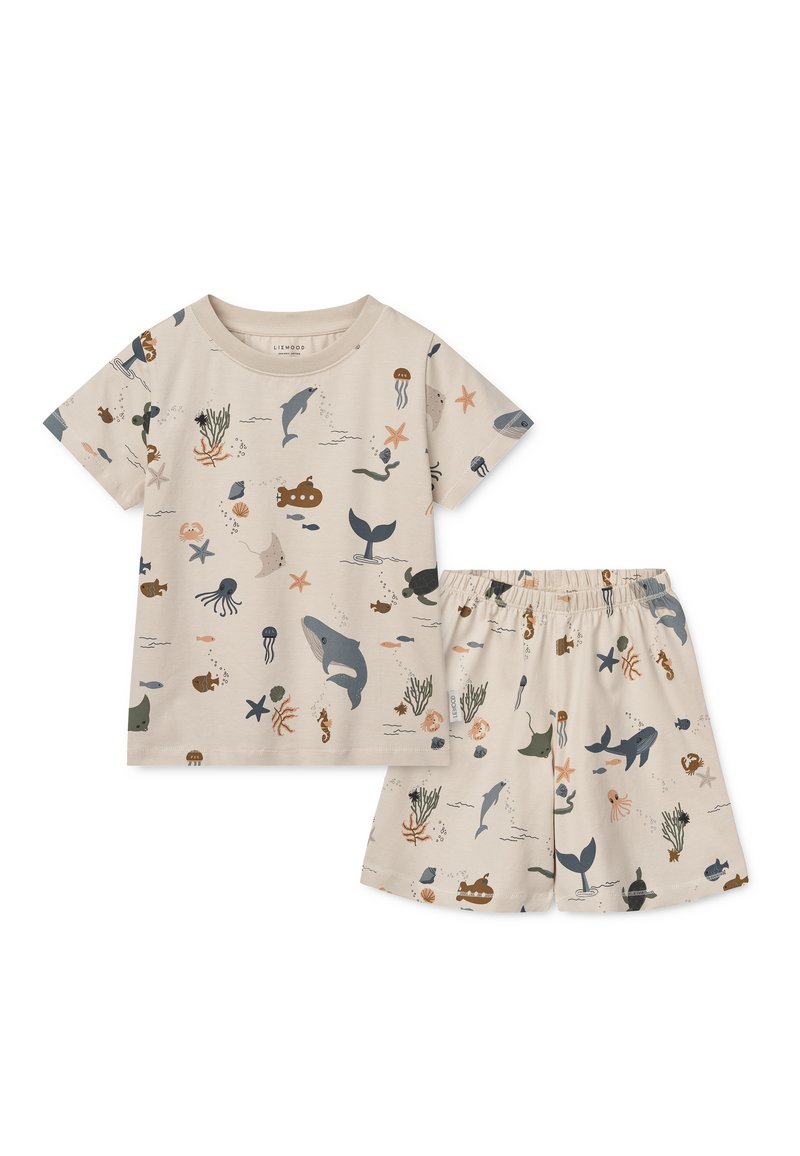 Light beige cotton two-piece set featuring a short-sleeve shirt and elastic waist shorts, adorned with marine life patterns in various colors.
